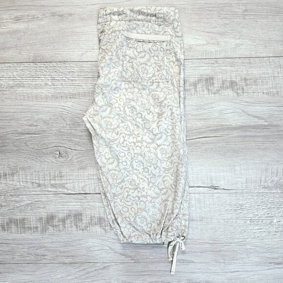 Prana Cream Tan Capri Pants Womens 8 Mid Rise Drawstring Hem Regular Fit Floral - Picture 3 of 6